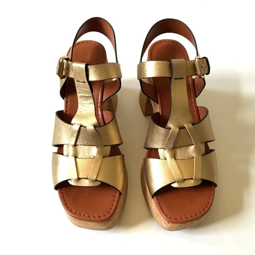 ME & EM T Bar Cork Platform Sandals Womens 41 11 Gold Leather Fisherman Heels - Picture 6 of 15